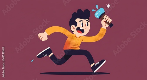 Cartoon boy running with water gun flat vector illustration