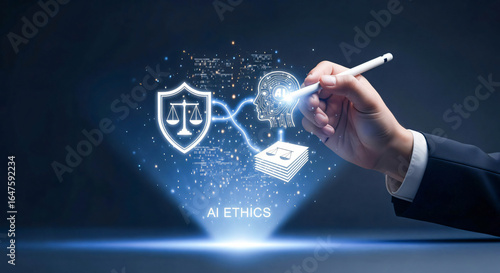 A hand interacts with a holographic projection illustrating AI ethics, justice, and the legal framework surrounding artificial intelligence development and implementation.