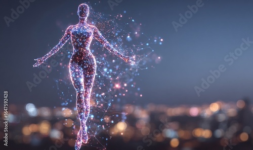 KOBIETA ZBUDOWANA Z CZĄSTECZEK ŚWIATŁA, NA TLE ROZMYTEGO NOCNEGO MIASTA