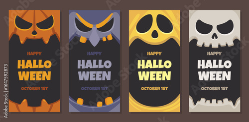 Set of four vertical Halloween banners featuring cartoon style character such as ghost, pumpkin, witch, and skull. Perfect for party invitations, seasonal flyers, greeting cards, and more