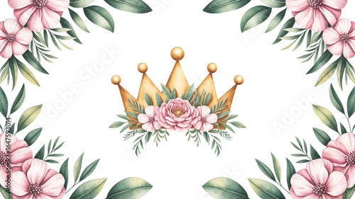 Golden crown adorned with pink flowers and green leaves on black background