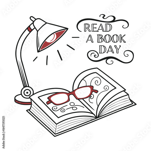 Illustration of reading encouragement with lamp book and glasses promoting daily reading and lifelong learning for knowledge and self improvement