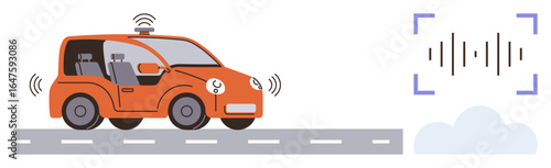 Orange driverless car using sensors and data communication. Ideal for innovation, AI, transportation, automation, connectivity, future mobility, smart technology in a simple flat metaphor