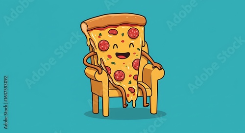 Cartoon pizza slice relaxing in armchair vector graphic illustration