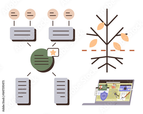 Tree-thumbs up diagram with hierarchical nodes, branching connections, autumn leaves, and a laptop with digital workspace. Ideal for education, strategy, brainstorming, planning, data management