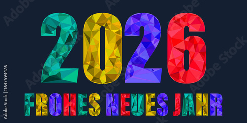 Karte oder Banner, um ein frohes neues Jahr 2026 in mehreren Farben mit einem Diamanteffekt auf schwarzem Hintergrund zu wünschen