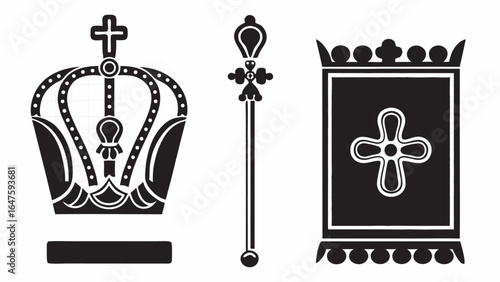 Regal crown, scepter, and royal standard emblem for heraldry and monarchy designs, scalable vector graphic