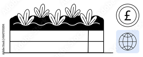 Plants growing in elevated soil, framed by profit and global connectivity concepts. Ideal for sustainability, economy, agriculture, business, investment, global trade food security. Simple flat