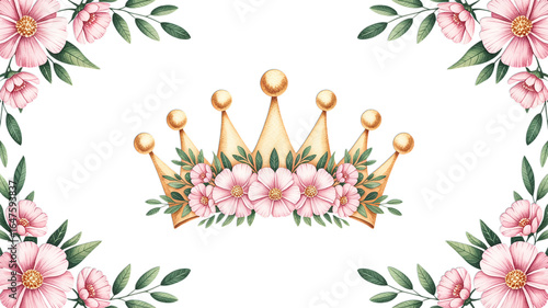 A golden crown adorned with pink flowers and green leaves on black background