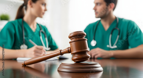 Medical malpractice lawsuit: Doctors, nurses in scrubs discuss case behind brown wooden gavel in bright office.