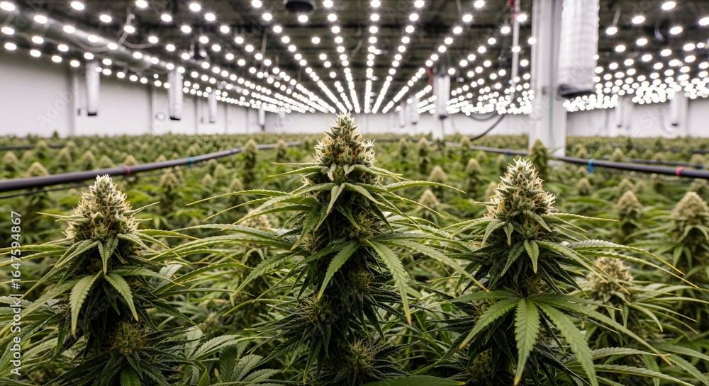 Naklejka premium Rows of flowering cannabis plants in indoor farm under LED lights, for medicinal or recreational use.