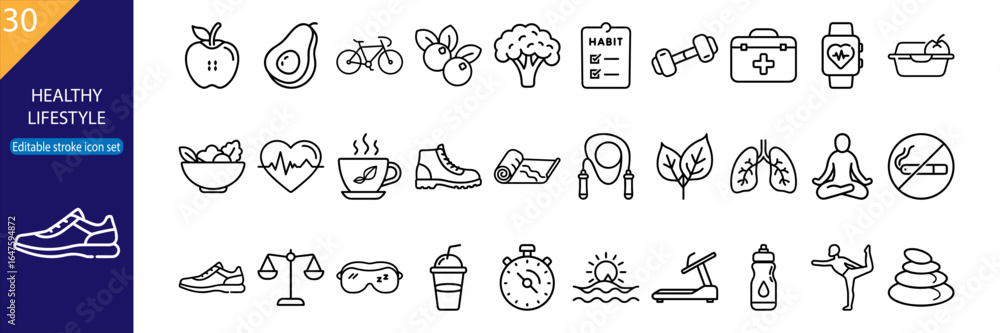 Naklejka premium 30 Healthy Lifestyle Vector Icon Set - Minimal Line Pack