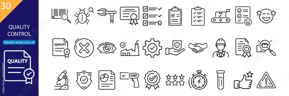 Fototapeta premium 30 Quality Contol Vector Icons – Minimal Line Pack for Adobe Stock