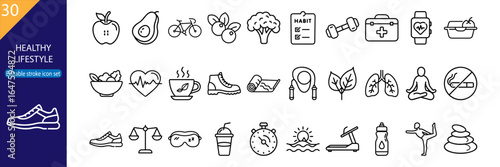 30 Healthy Lifestyle Vector Icon Set - Minimal Line Pack