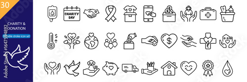 30 Charity and Donation Vector Icons Set – Minimal Line Pack