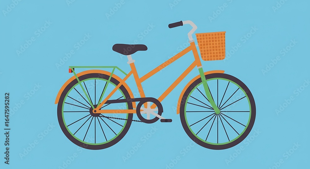 Fototapeta premium Stylized orange bicycle with front basket isolated on light blue