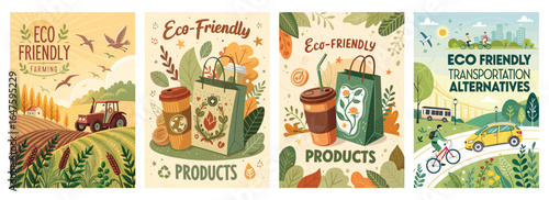 Colorful illustrations promoting eco-friendly farming and sustainable products, featuring nature elements.