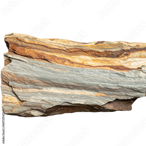 Layered sedimentary rock with distinct horizontal bands of gray, brown, tan, and orange hues, showcasing natural texture and geological formation
