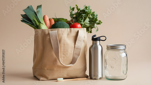 A photo of a reusable shopping bag filled with vegetables, a stainless steel water bottle, a bamboo 