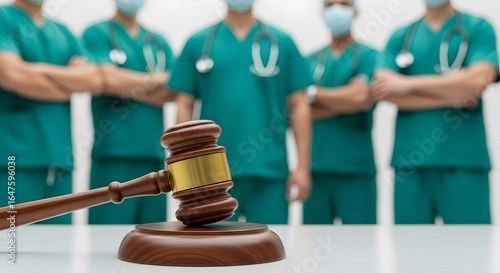 Gavel in foreground, medical staff in scrubs with masks in background representing legal healthcare policy