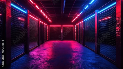 Fototapeta Naklejka Na Ścianę i Meble -  Neon-lit, dark corridor with metal fencing