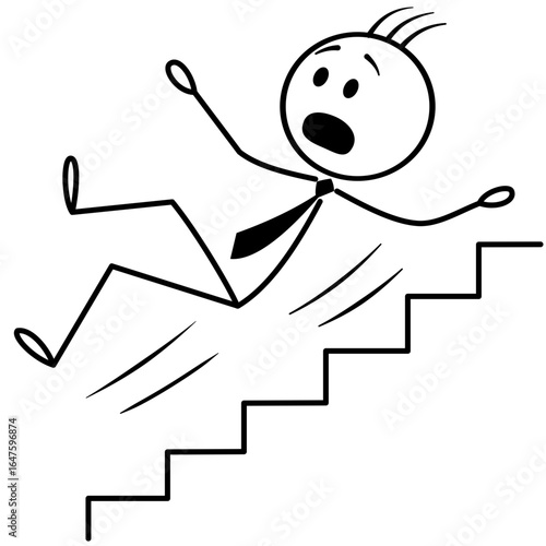 Cartoon stick figure businessman falling down dangerous stairs. Vector illustration of crisis, failure, and bankruptcy concept. Simple yet expressive style.