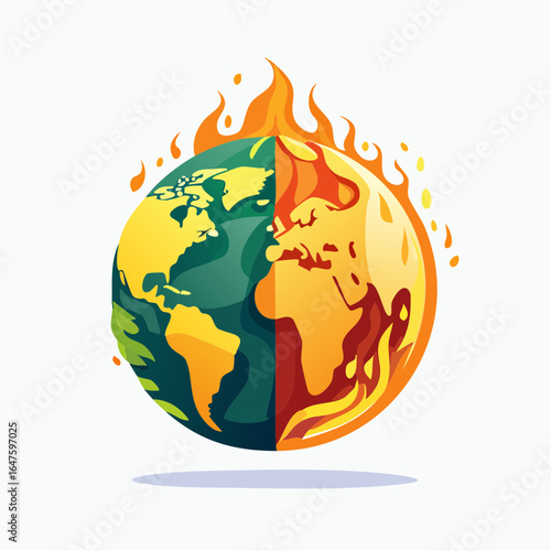 Earth globe surrounded by fire representing global warming and environmental impact
