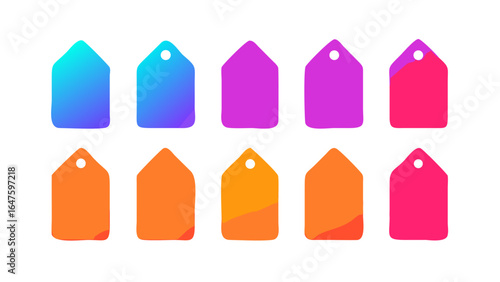 Collection of ten colorful gradient tags with a hole on top arranged in two rows on white
