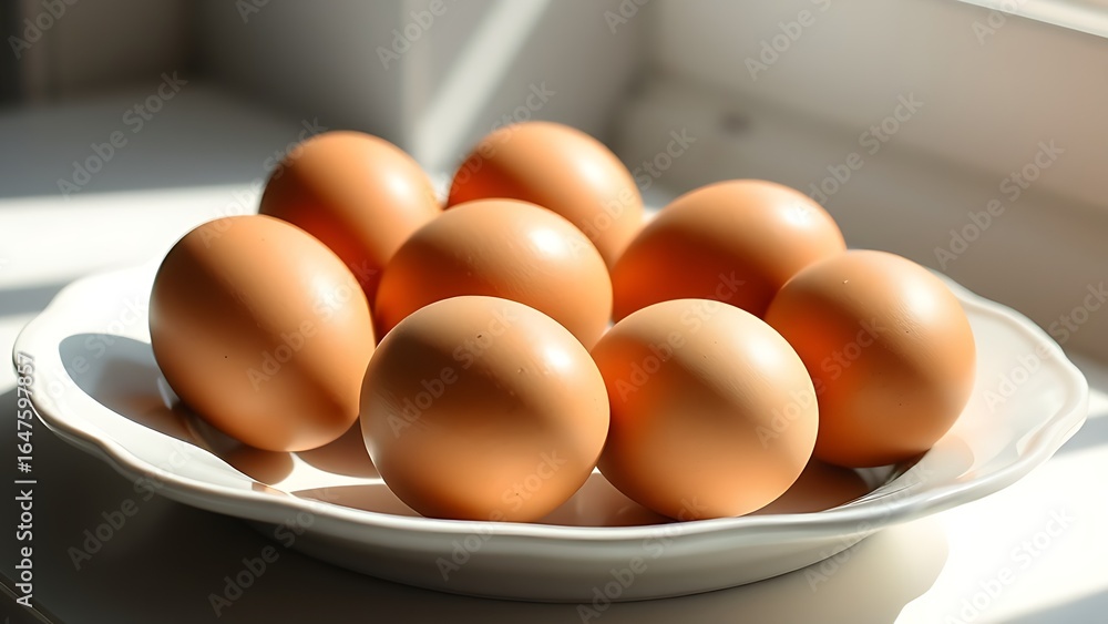 Fresh brown eggs arranged neatly on a white ceramic plate, bathed in natural light. Fresh brown eggs arranged neatly on a white ceramic plate, bathed in natural light.