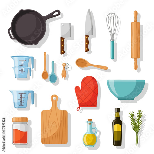 Assortment of kitchen utensils neatly arranged on a white surface with soft shadows, concept for culinary projects, recipe illustrations and food blog visuals