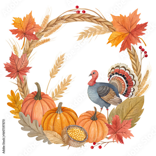 Autumn Watercolor Wreath Collection with Seasonal Leaves, Pumpkins, and Flowers Pngs