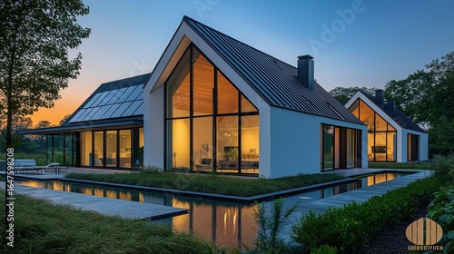 Elegant passivhaus with solar panels, large glass windows, and modern landscaping, ideal for sustainable living and commercial architectural projects