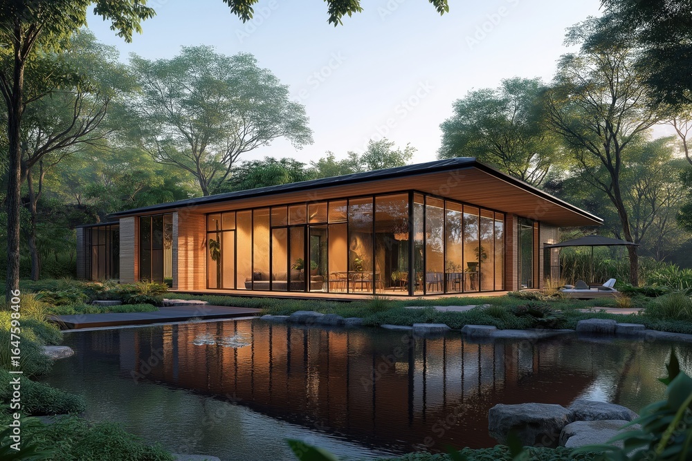 Obraz premium Elegant passivhaus with glass walls and wooden accents, nestled in lush greenery by a pond, perfect for eco-friendly living and commercial design projects