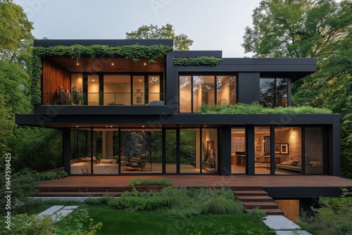 Stylish passivhaus with glass facade and lush garden, blending modern sustainable architecture and luxury for high-end commercial and editorial projects