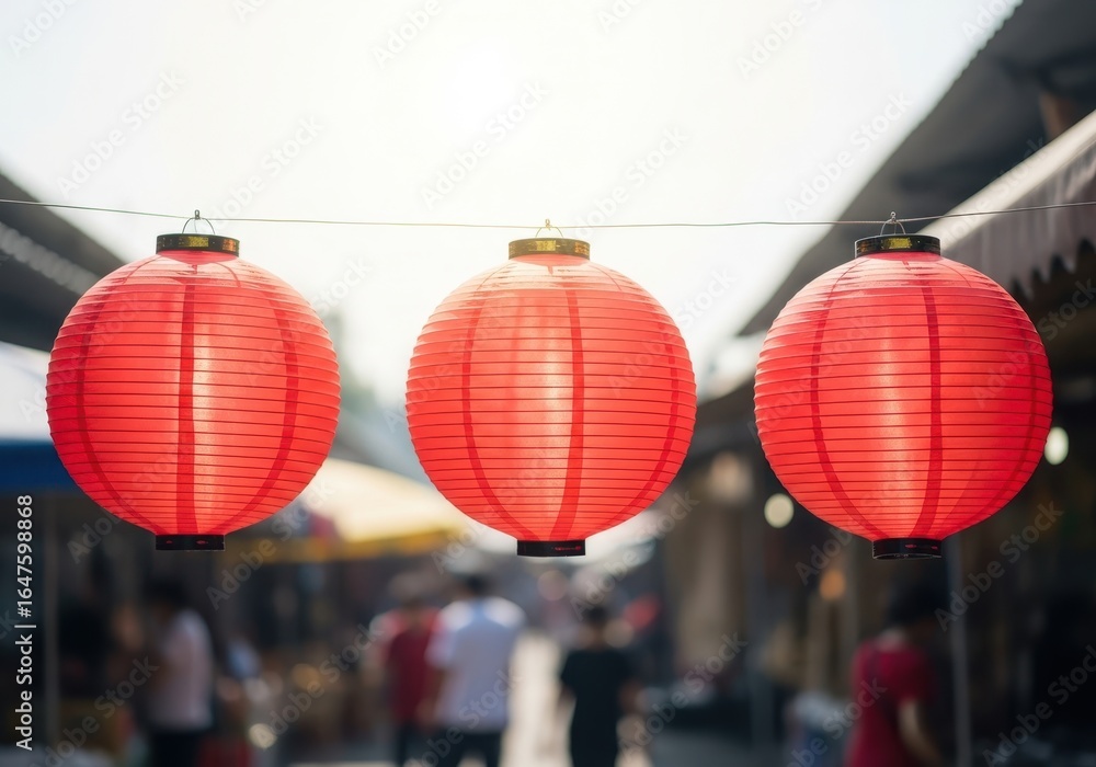 Fototapeta premium Red Chinese Lanterns Hanging in Asian Market Street