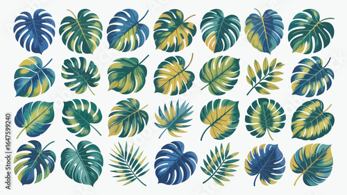 Vibrant tropical monstera leaves in shades of blue, green, and yellow create a stunning natural pattern 