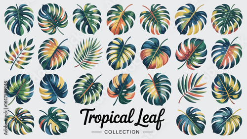 Vibrant tropical leaf collection featuring monstera and palm varieties in rich, colorful hues perfect for summer 