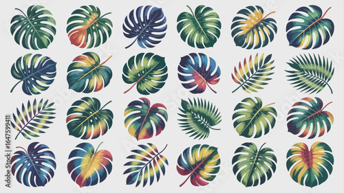 Vibrant tropical leaves in a stunning gradient of greens, blues, yellows, and reds, perfect for adding a touch of exotic nature 
