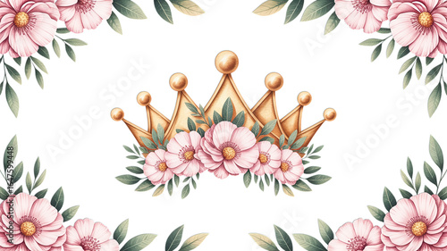 Golden crown surrounded by pink flowers and green leaves on black background