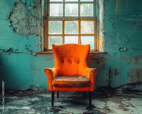 Orange armchair in dilapidated room
