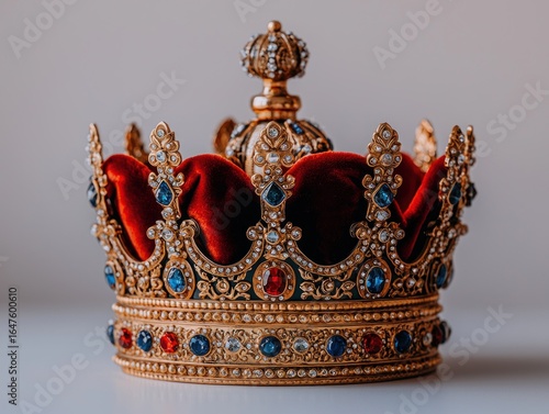 Ornate golden crown with ruby, sapphire, and pearl embellishments, atop a bed of rich red velvet