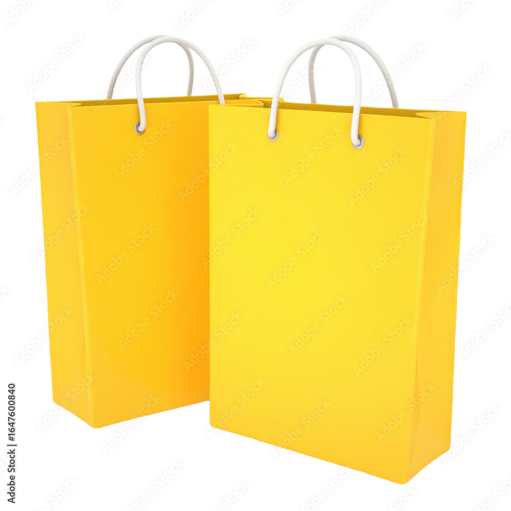 Two bright yellow shopping bags with white rope handles, standing upright and slightly angled, highlighting their smooth surfaces and vibrant color Two bright yellow shopping bags with white rope handles, standing upright and slightly angled, highlighting their smooth surfaces and vibrant color