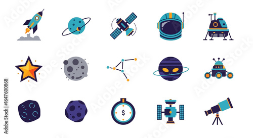 A colorful collection of flat design space icons, including a rocket, planets, astronaut helmet, satellite, and rover.