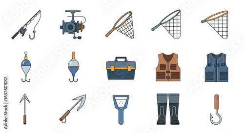 A colorful set of fishing equipment and gear icons in a flat outline style, including a rod, reel, net, vest, and tackle box.