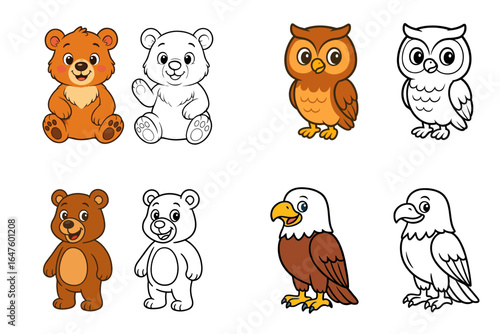 Illustration of bear, owl, and eagle in colored and black and white versions for kids’ coloring pages.