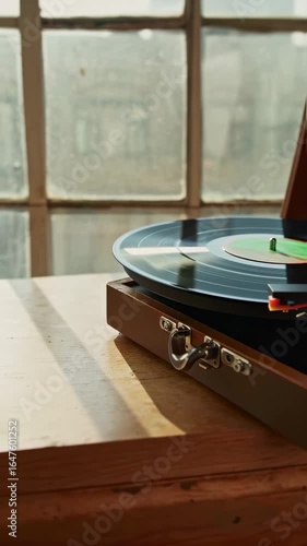 A beautifully lit vintage record player resting on a wooden table, showcasing a spinning vinyl record in a sunlit room, evoking a nostalgic ambiance of music and warmth.