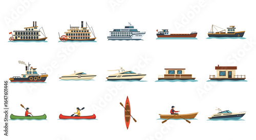 A diverse collection of flat vector watercraft illustrations, including ships, boats, and canoes.