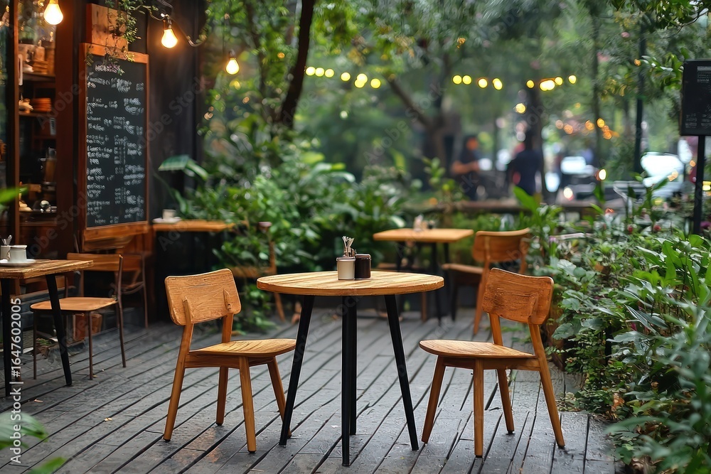 Obraz premium Outdoor cafe with wooden tables and chairs, lush greenery, and string lights