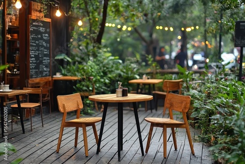 Outdoor cafe with wooden tables and chairs, lush greenery, and string lights