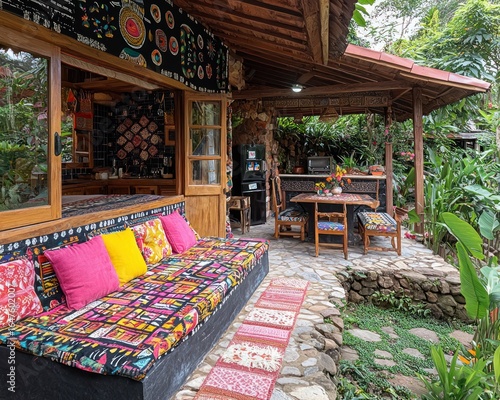 Outdoor patio area of a rustic home, featuring a covered seating area with colorful cushions and a kitchen view. Lush greenery surrounds the space
